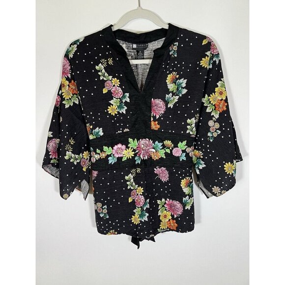 Vintage 90s Carole Little black floral kimono style shirt szS beaded bohemian - Picture 1 of 7